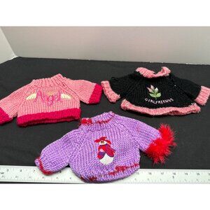 Set Of 3 Doll Sweaters Homemade Embroidery Angel Snowman Friends Knit Pink Purpl